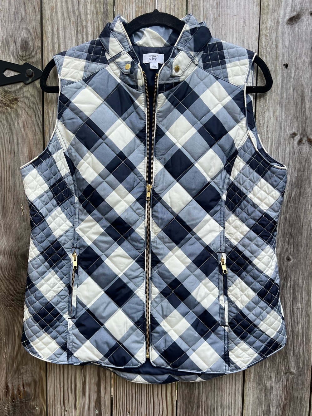 CROWN & IVY Blue Plaid Women Puffer Vest Women’s Large